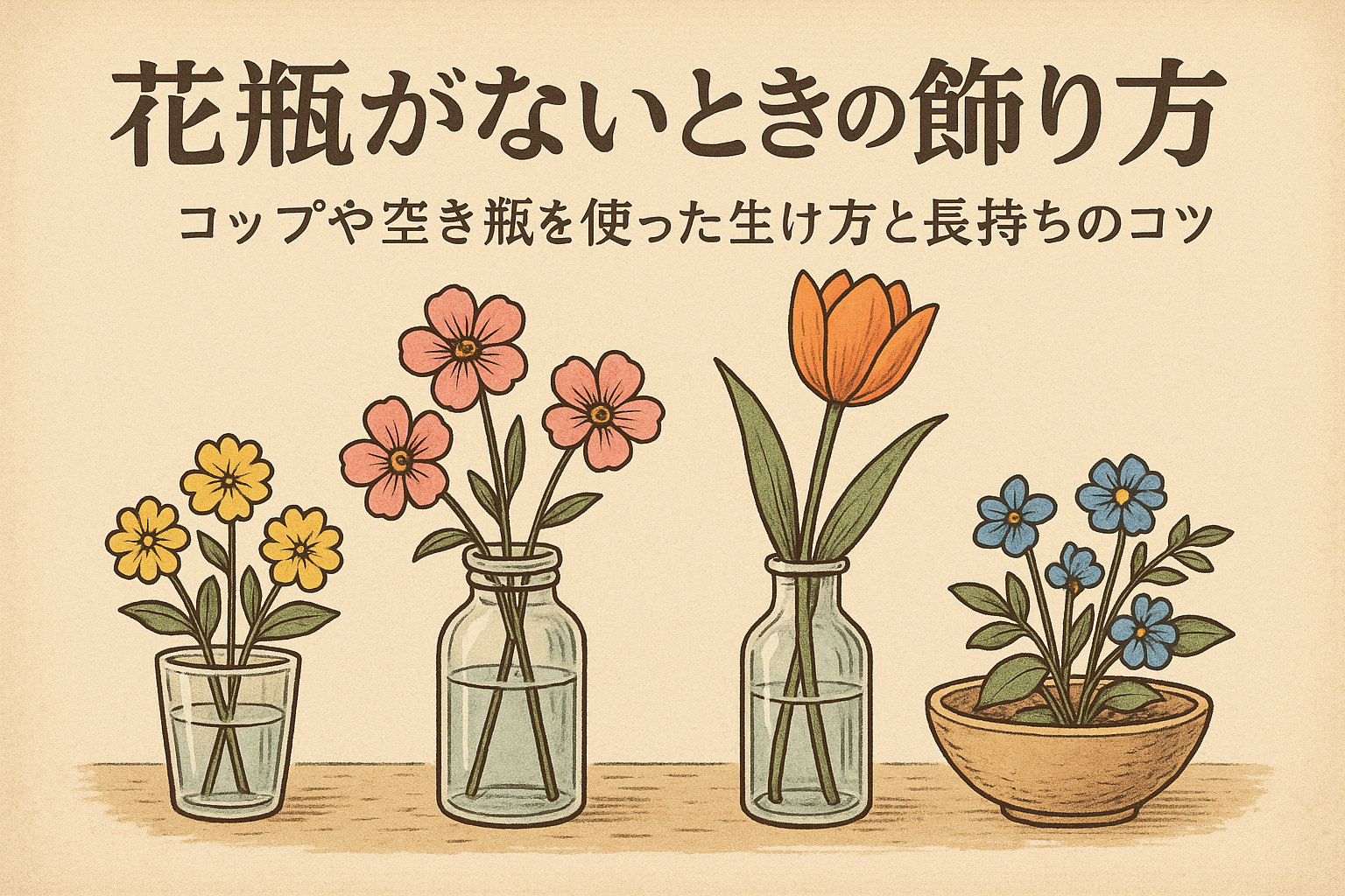 花瓶がないときの飾り方|コップや空き瓶を使った生け方と長持ちのコツ